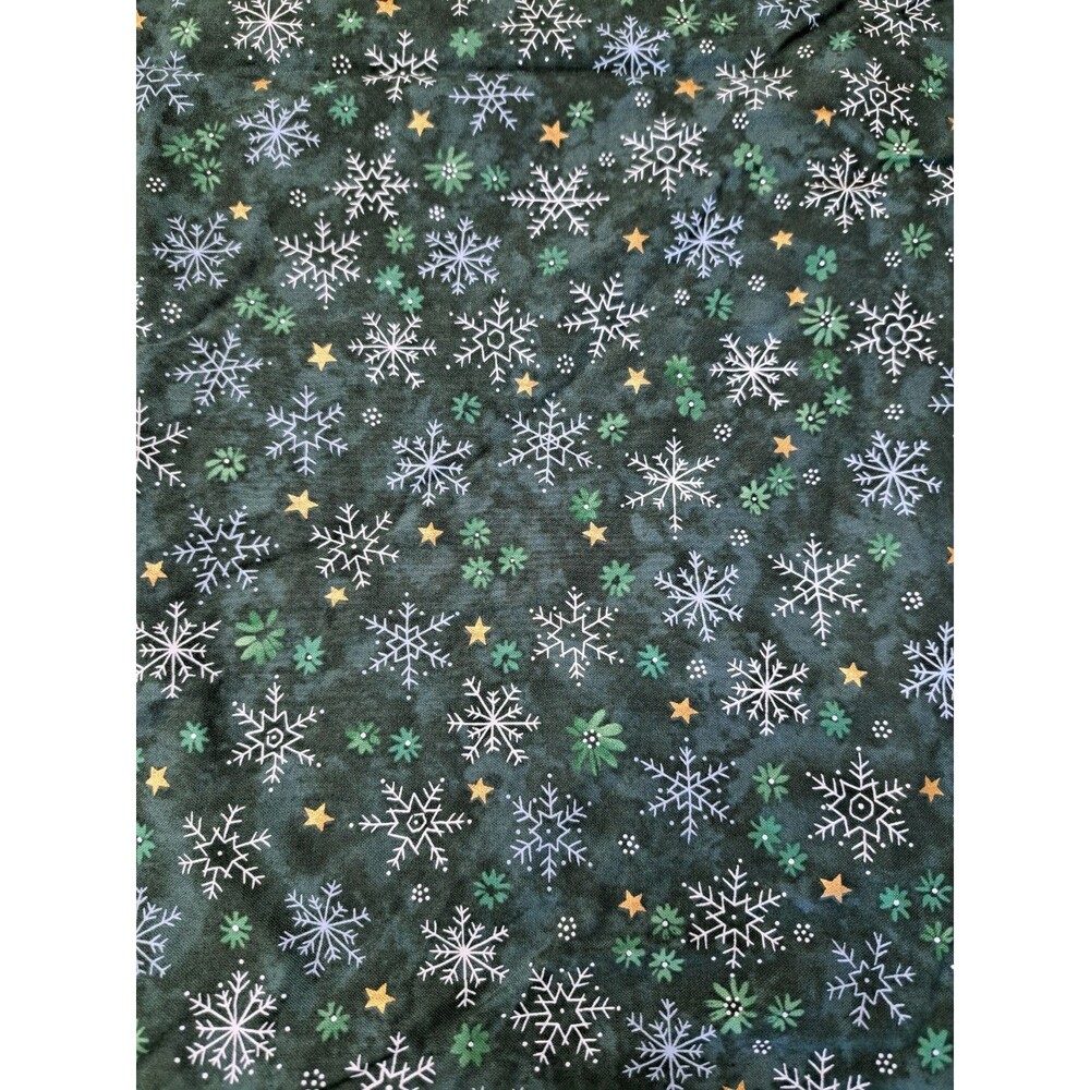 Vintage 2004 Blank Textiles Christmas Fabric Green w/ Snowflakes & Stars